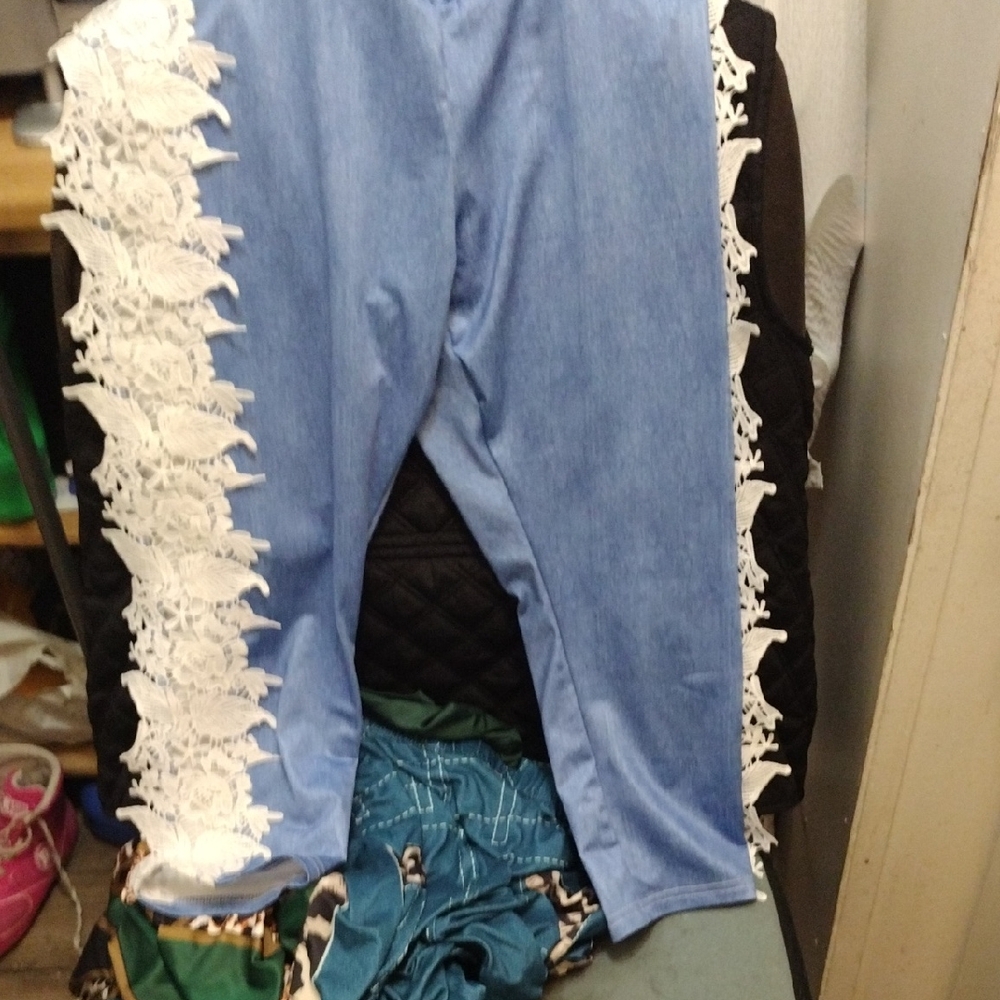 Blue Pants with White Lace Trim
